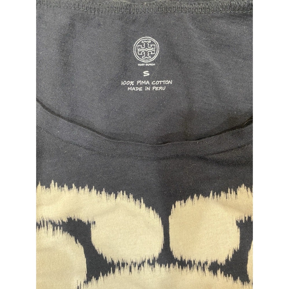 Tory Burch Women's S Navy Blue Cream Ikat Medallion Logo Pima Cotton T-Shirt Top - Picture 2 of 7
